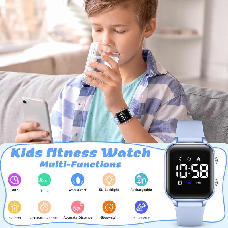 L LAVAREDO Kids Digital Watches for Boys Girls,Waterproof Sport Watch with Pedometer Stopwatch Vibration Alarm for Ages 5-13,No App Fitness Tracker Watch for Kids Teens Birthday Christmas Gifts 07-LightBlue
