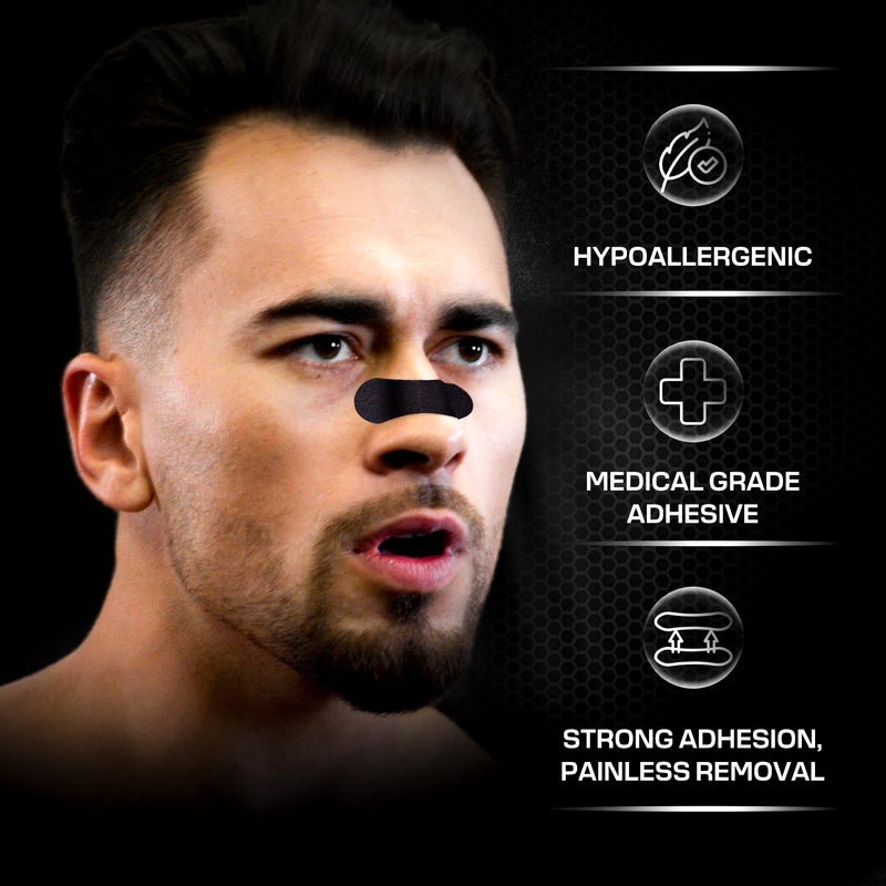 Performance Nose Strips for Breathing (60 Count) - Oil & Sweat Proof Adhesive - Athletic Nasal Strips for Snoring & Sleeping - Black, Wide Body, Universal Fit, Extra Strength Wide Black