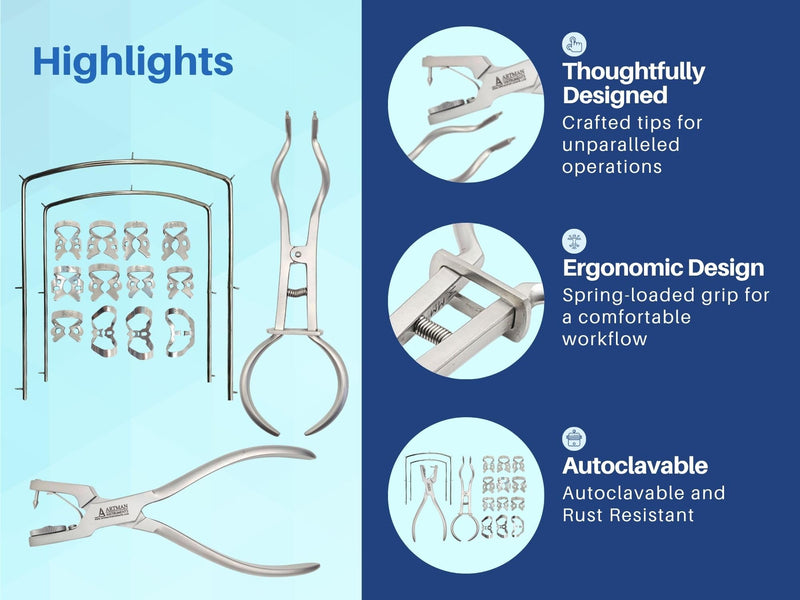 ARTMAN INSTRUMENTS Rubber Dam Kit – Includes 12 Anti-Reflection Clamps, Punch Plier, Dental Isolation Tools, and Endodontic Supplies - BeesActive Australia
