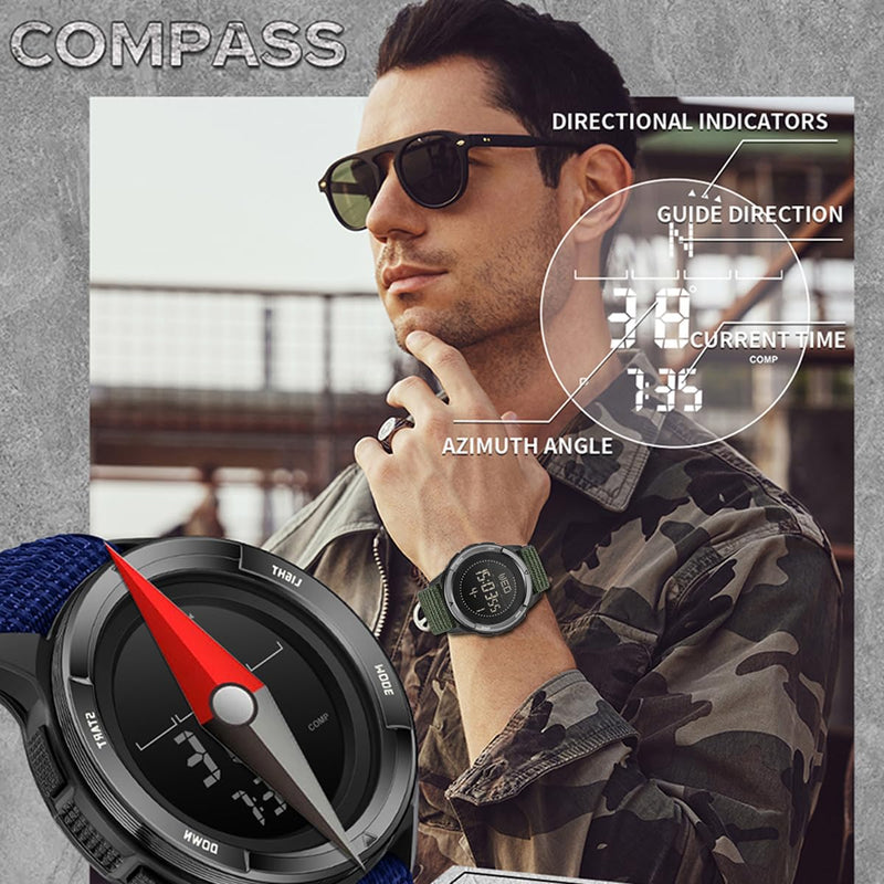 findtime Men's Digital Watch Pedometer Step Counter Watches Military Compass Waterproof Wrist Watch Tactical Sport Watch Calories Counter Pacer Running Wristwatch LED Light Stopwatch Countdown Green
