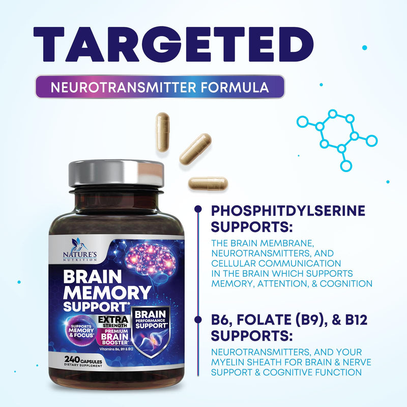 Brain Memory Supplement Pills - 3X Strength Nootropics for Concentration, Clarity & Focus Support - Brain Health Cognitive Vitamins with Bacopa, Phosphatidylserine & DMAE, Brain Booster - 240 Capsules 240 Count (Pack of 1)