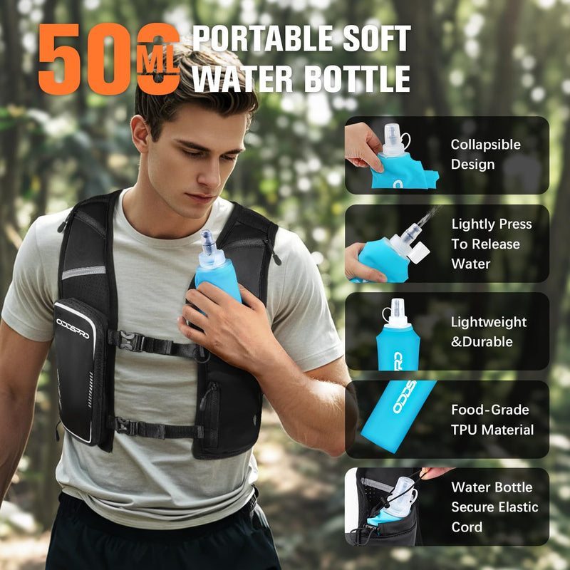 Running Vest for Women Men, Phone Pocket Running Hydration Vest with 500ML Soft Flask, Adjustable Chest Waist Straps, 10 Pockets Reflective Breathable Hydration Vest for Hiking, Biking, Marathon Medium - Large