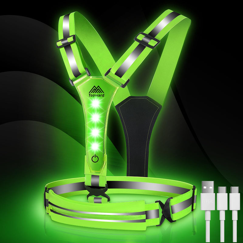 LED Reflective Vest Running Gear, USB-C Rechargeable, Light Up Lights for Night Dog Walking Cycling, Running Phone Holder Vest for Runners, High Visibility with Adjustable Waist/Shoulder green - BeesActive Australia