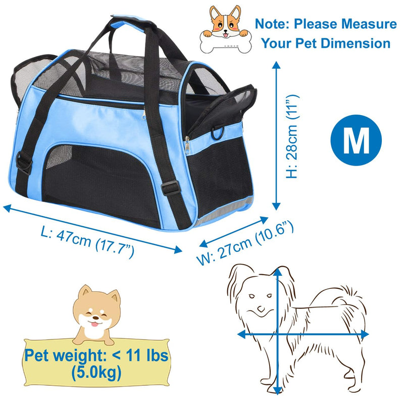 Pet Travel Carrier Bag for Cat Dog Rabbit Hamster, Airplane Approved Soft Side Portable Pet Bag with Shoulder Strap (M - 47x27x28 cm for Max 5KG Pet, Blue) M - 47x27x28 CM for Max 5KG Pet - BeesActive Australia