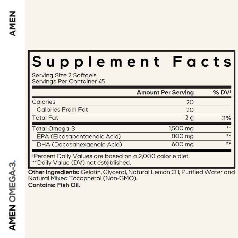Amen Omega-3 Fish Oil 1500mg, EPA & DHA, High Potency, 90 Softgels | Fish oil 1500mg with EPA & DHA fatty acids. High-potency daily omega-3. 45-day supply. Non-GMO.