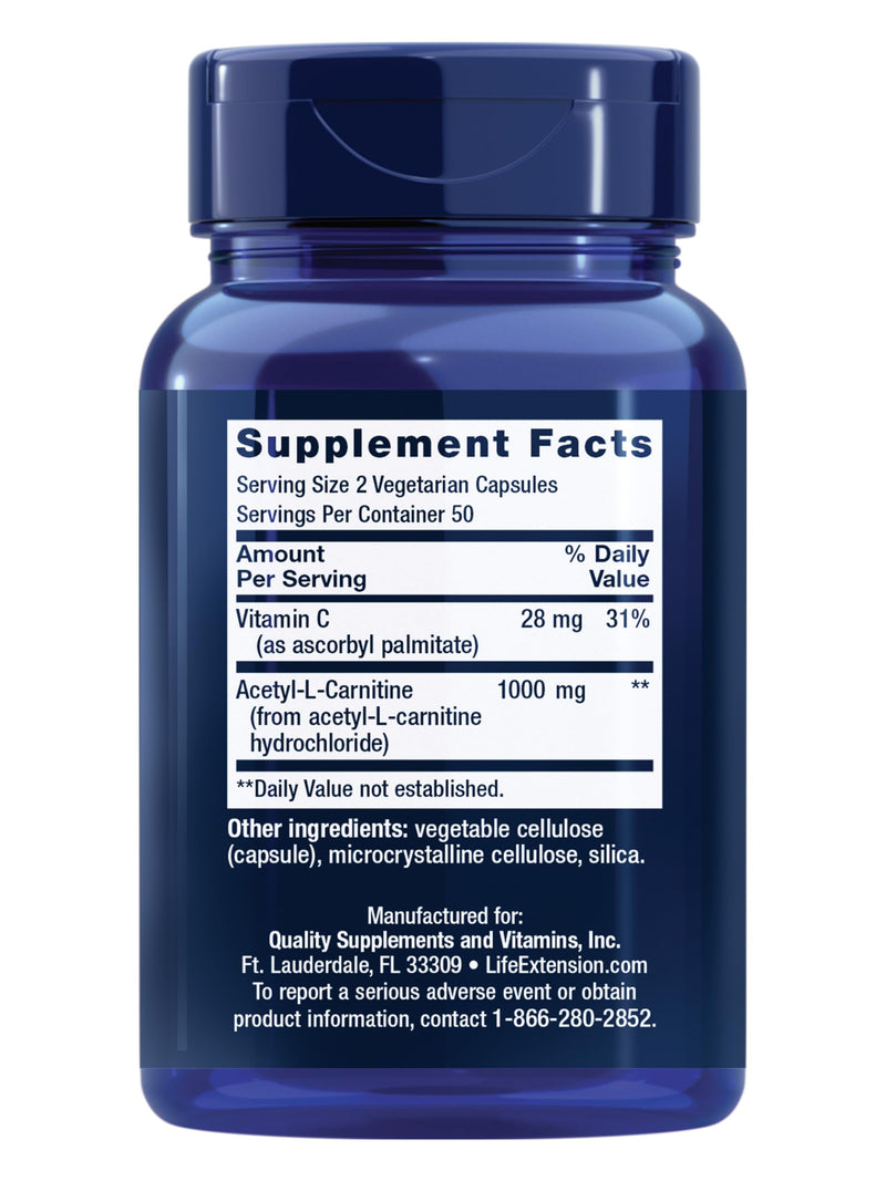 Life Extension Acetyl-L-Carnitine, Acetyl-L-Carnitine, Vitamin C, Brain, Mood & Nerve Health, Cellular Energy, Gluten-Free, Non-GMO, Vegetarian, 100 Capsules | Brain, Mood & Nerve Health Plus Cellular Energy, 3-Month Supply, Gluten-Free, Non-GMO & Vege...