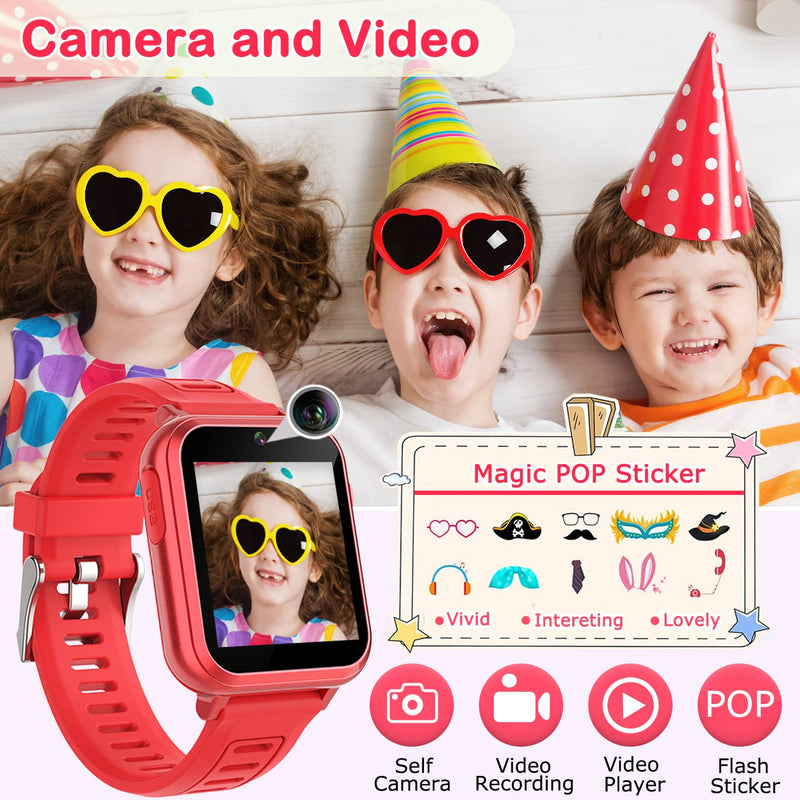 Cosjoype Kids Smart Watch Gift for Girls Age 6-12, 24 Puzzle Games HD Touch Screen Kids Watches with Video Camera Music Player Pedometer Audiobook 12/24 hr Toys for 7 8 9 10 11 12 Year Old Girls Deep Red