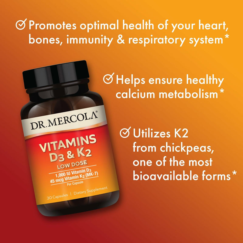 Dr. Mercola Vitamins D3 & K2 Low Dose - Maintain Vitamin D Levels - Supports Immune & Bone Health - MenaQ7 Chickpea-Sourced K2 - Non-GMO, Gluten-Free & Soy-Free - 30 Capsules (30 Servings) (Pack of 2) 30 Count (Pack of 2)