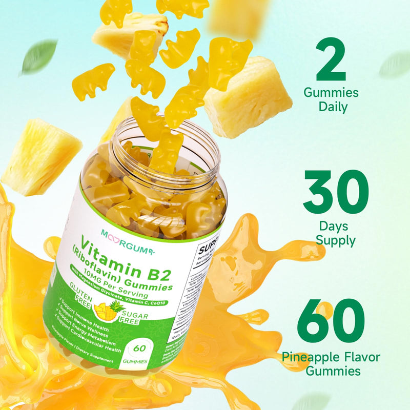 Vitamin B2 Gummies, 10mg Riboflavin Supplement for Kids & Adults, with Magnesium Glycinate, CoQ10 and Vitamina C, for Women and Men, Energy, Immune Wellness & Cellular Health Support, 60 Count 60 Count (Pack of 1)