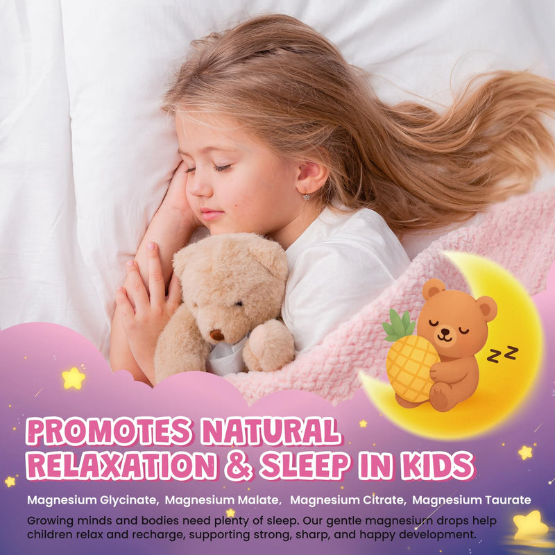 Magnesium Complex Liquid for Kids - Magnesium Glycinate, Malate, Taurate, Citrate with Calcium, Omega-3, L-theanine, Zinc,Vitamin B6 D3 C for Sleep, Relaxation, Calm & Focus, Pineapple Flavor, 2 Fl Oz 2 Fl Oz (Pack of 1)