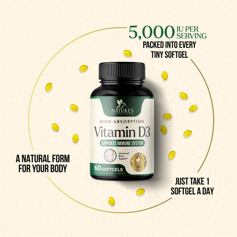 Vitamin D3 5000 IU 125 mcg Per Serving - Extra Strength Vitamin D for Bone Health, Teeth, Muscle & Immune Support - High Absorption D3 Supplement - Non-GMO Gluten Free - USA Bottled - 60 Softgels 60 Count (Pack of 1)