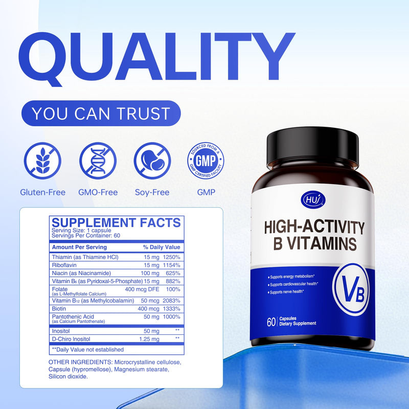 HUJ High-Activity B Vitamins - Supports Normal Energy Metabolism & Nerve System Health - Supplement with 8 B Vitamins, Inositol and D-Chiro Inositol - 60 Capsules.