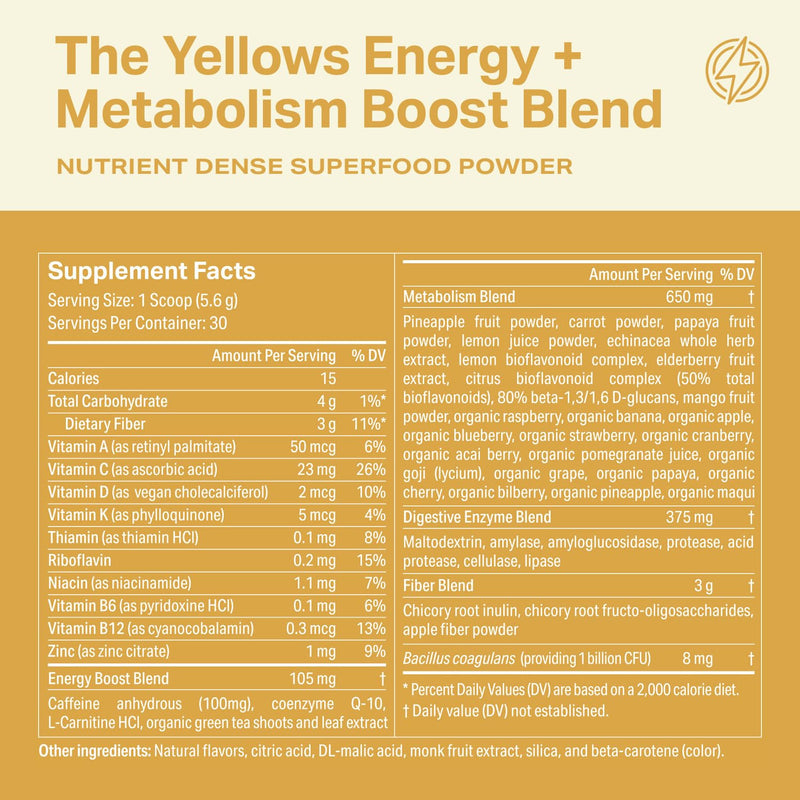 Proper, The Yellows Metabolism and Energy Boost, Sugar Free Energy Drink Powder with 100mg Caffeine. 30 Servings, Pineapple Mango Drink Mix for Men and Women - BeesActive Australia