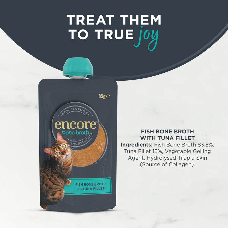 Encore 100% Natural Cat Fish Bone Broth Soup with Tuna Fillet, High in Collagen, Supports Joints, Digestion and Hydration, 8x85g Spout Pouch