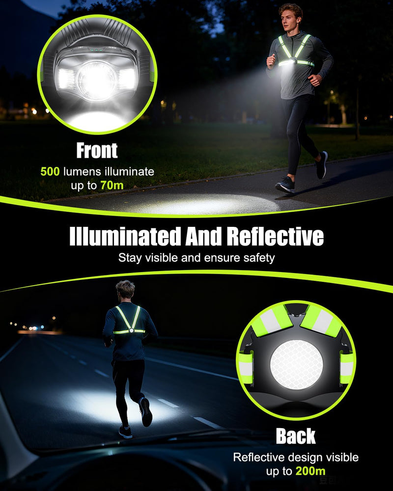 Running Lights for Runners, 500 Lumens Running Light with 45° Adjustable Beam, 6 Modes & IPX4 Waterproof, 1800 mAh Rechargeable Reflective Vest for Night Walking/Cycling/Jogging/Hiking