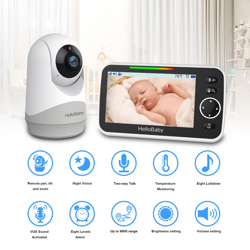 HelloBaby Monitor with Camera and Audio, 5'' Screen with 16-Hour Video Streaming, Remote Pan-Tilt-Zoom Camera, Two-Way Talk, VOX Mode, Auto-Night Vision, Range up to 960ft and No WiFi - BeesActive Australia