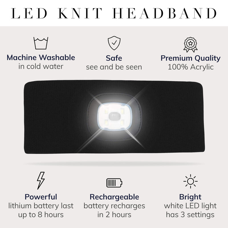 HEAD LIGHTZ Headlightz by Roq Innovation - Knit Flashlight Headband with Light - LED Headlamp - Headband Lights for Forehead - Unisex, Rechargeable Black
