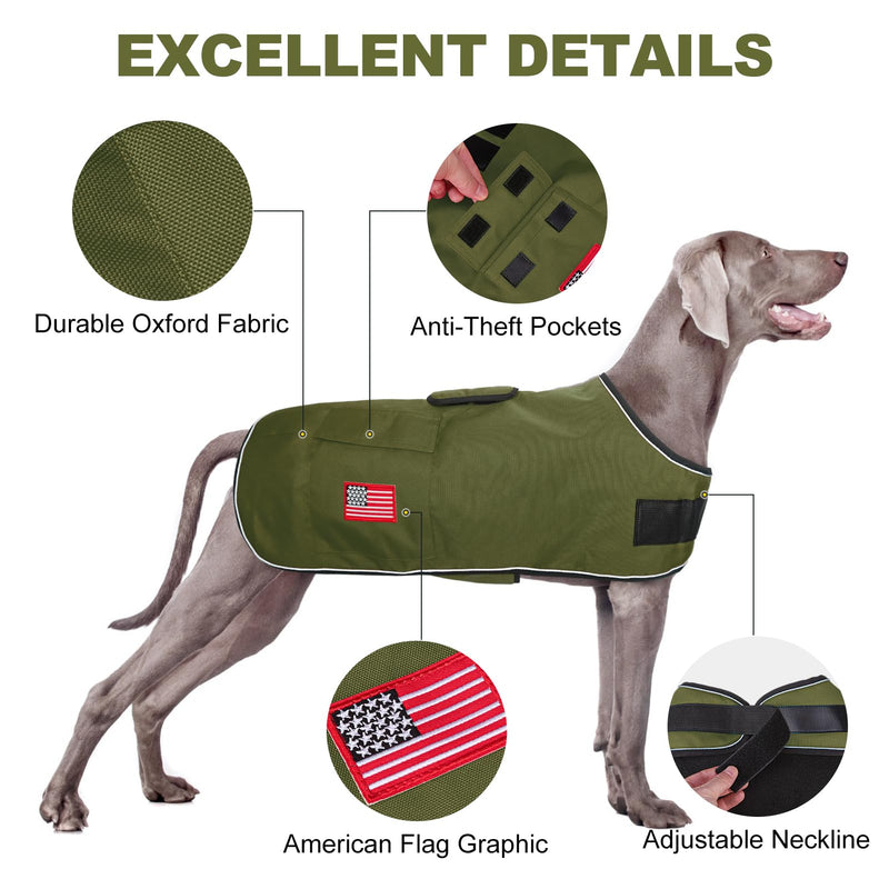 BEAUTYZOO Reflective Dog Winter Coat for Small Medium Large Great Dane Dogs,Winter Dog Jacket with Fleece Lining Dog Cold Weather Coat,Oxford Canvas Waterproof Windproof Dog Clothes,Easy Wear Dog Vest XL(Chest Girth 34"-45", Back 24", Neck 24"-29") Green - BeesActive Australia