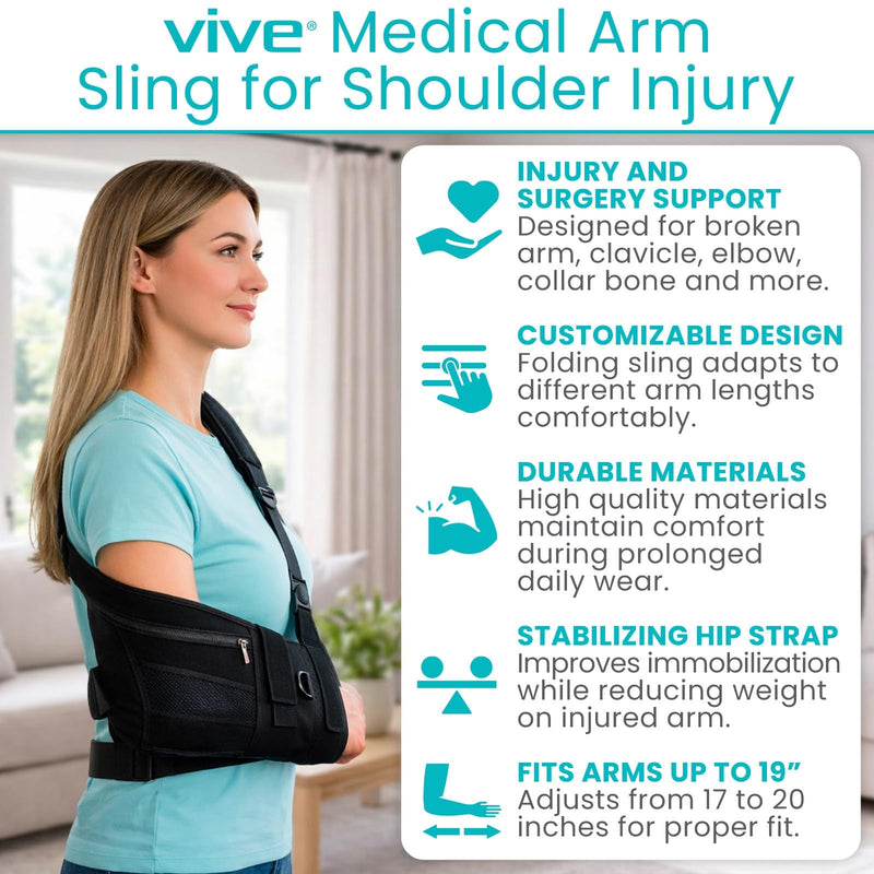 Vive Medical Arm Sling for Shoulder Injury (Left or Right)- Shoulder Immobilizer for Broken Arm, Rotator Cuff, Elbow - Support Brace for Men & Women (Black) - BeesActive Australia