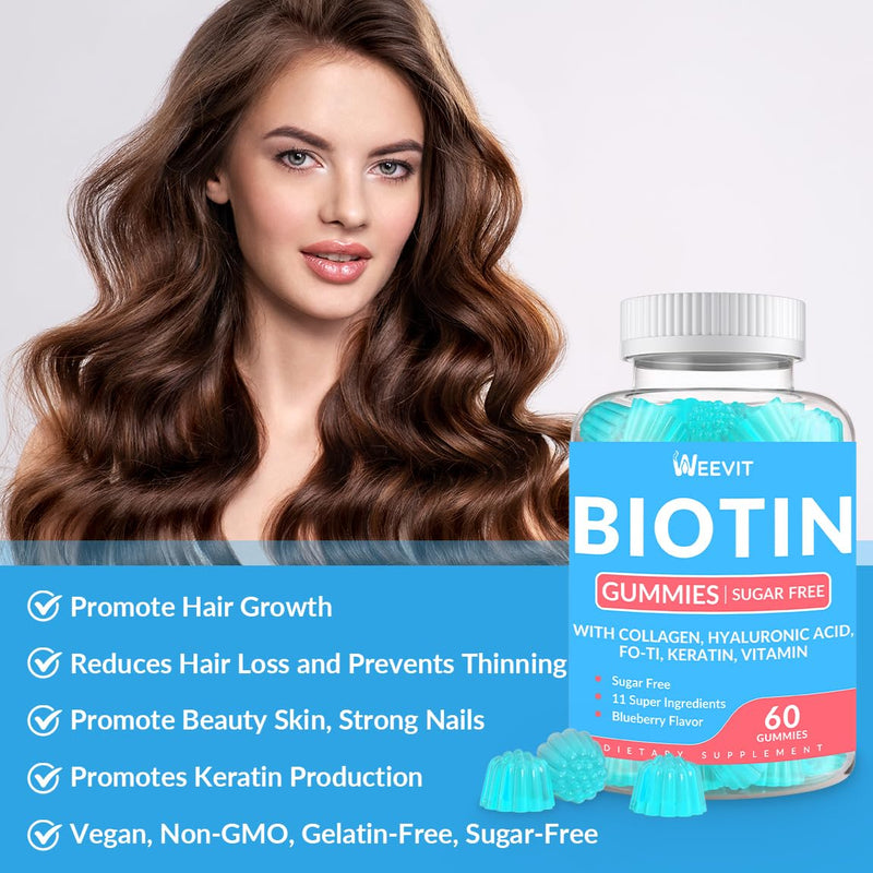 Biotin Gummies, 10000mcg Biotin and Collagen Supplement for Women Men | Non-GMO, Sugar Free 60 Count (Pack of 2)
