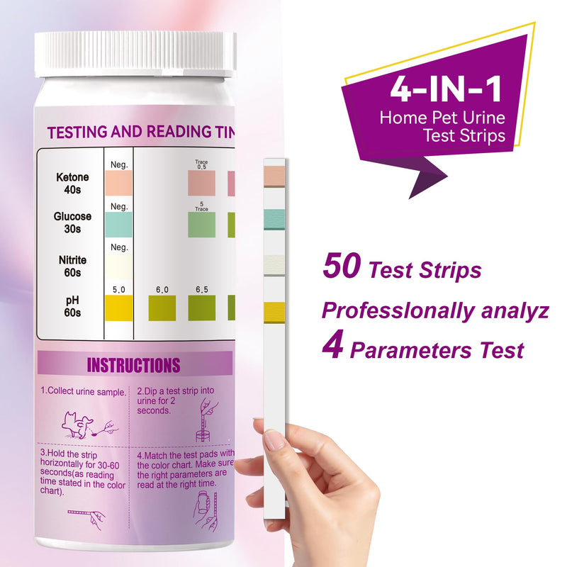 Dog & Cat Urine Test Strips, 4-in-1 Pet Urinalysis Testing Kit for Ketone, Glucose, pH and Nitrite, Reagent Strips for Vet Diabetes,UTI Monitor, 50ct Urine Test Kit Easy to Use at Home 4in1