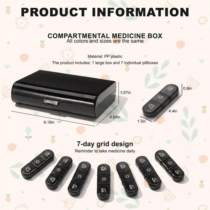 Weekly Pill Organizer-Portable 7 Day Travel Pill Box,Medicine Organizer for Vitamins,Medications,Supplements Black 2