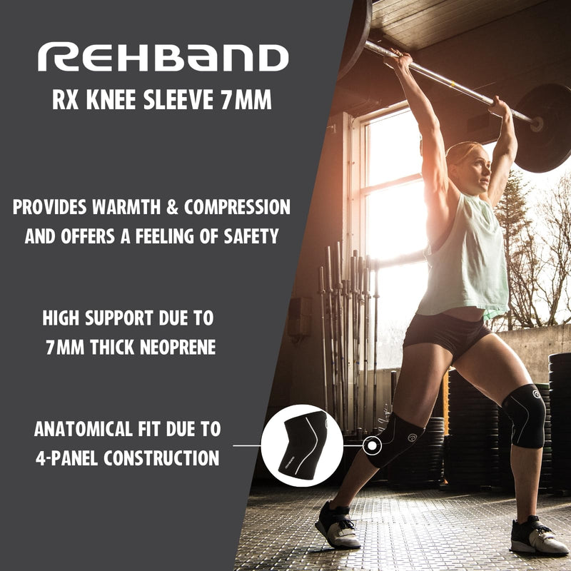 Rehband RX Knee Support for Strength Training & Fitness - 7mm Neoprene Knee Sleeve, Flexible & Non-Slip, Knee Sleeve for Men & Women, Colour:Carbon/Black, Size:Large Large Carbon/Black - 1 Piece - BeesActive Australia