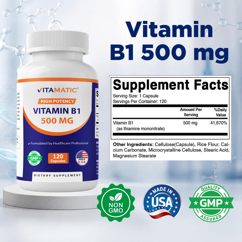 Vitamatic Vitamin B1 500 mg (Thiamine Mononitrate), 120 Capsules (2 Pack) | High Potency B1, Supports Nervous System Health and Energy Metabolism*, NonGMO, Gluten Free, Made in USA 60 Count (Pack of 2)