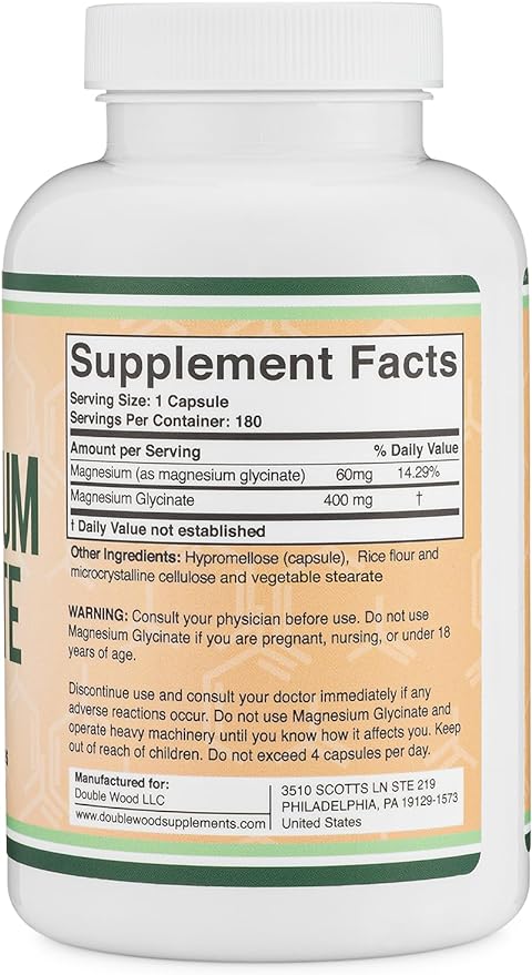Magnesium Glycinate 400mg, 180 Capsules (Vegan Safe, Manufactured and Third Party Tested in The USA, Gluten Free, Non-GMO) High Absorption Magnesium by Double Wood Supplements - BeesActive Australia