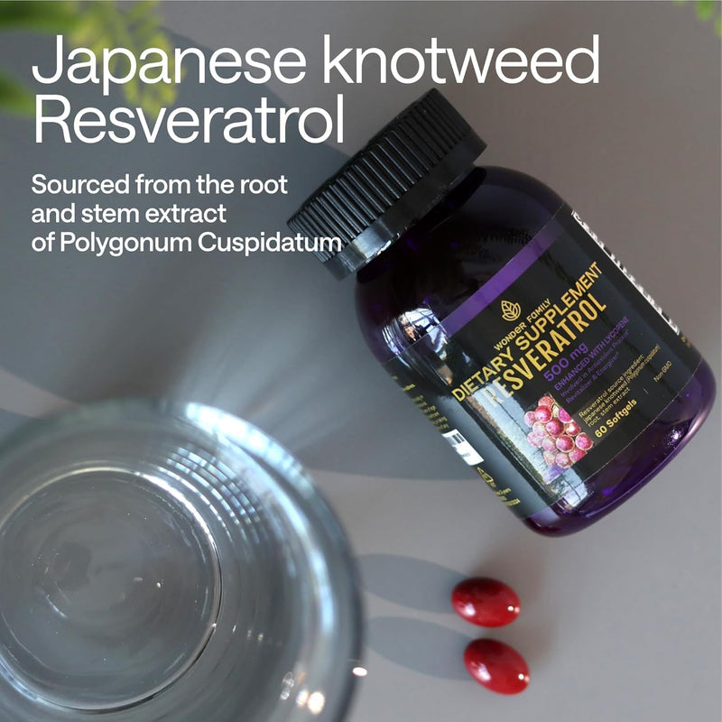 WONDER FAMILY Resveratrol Supplement 500mg, 98% Trans-Resveratrol from Japanese Knotweed, Vegan Antioxidant Capsules for Daily Wellness, Non-GMO, Gluten-Free - 240 Softgels 60 Count (Pack of 4)