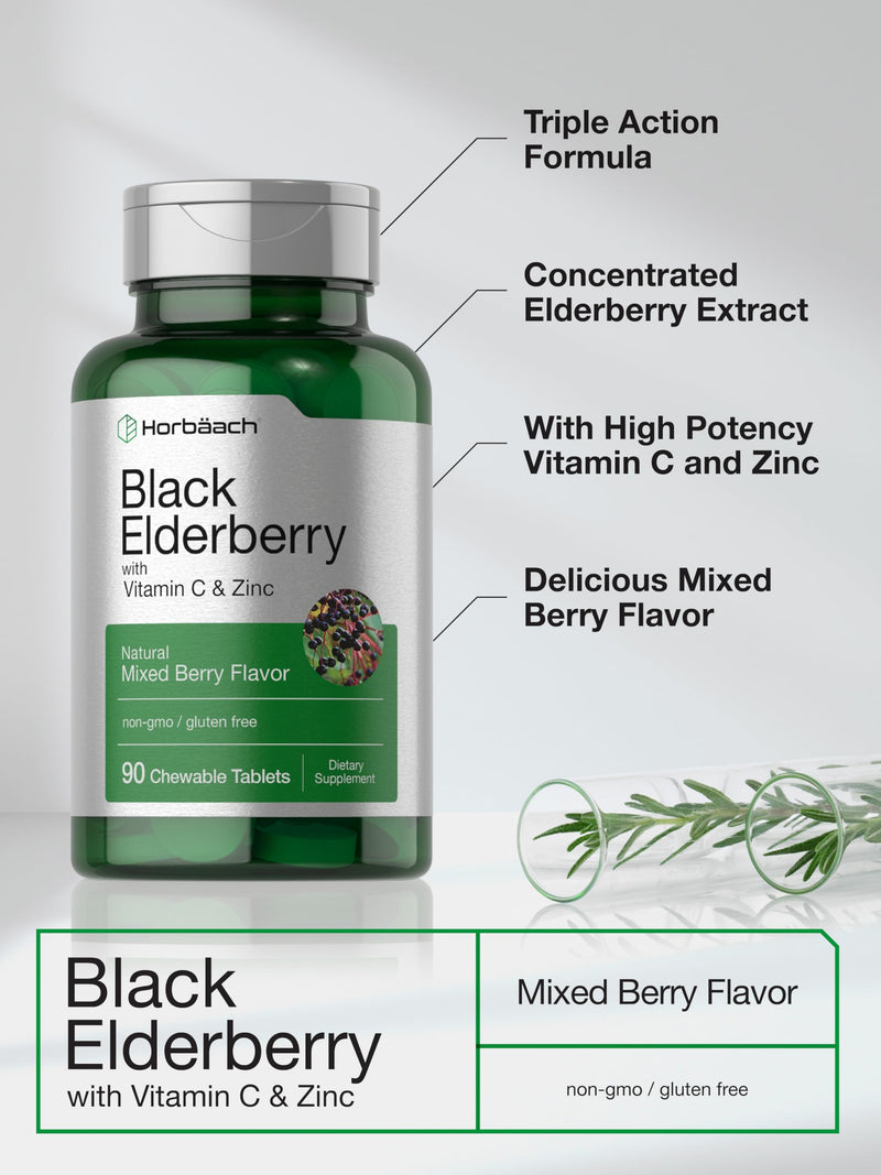 Horbaach Black Elderberry with Vitamin C and Zinc | 90 Chewable Tablets | Mixed Berry Flavor | Immune Support Complex | Vegetarian, Non-GMO, and Gluten Free Supplement 90 Count (Pack of 1)