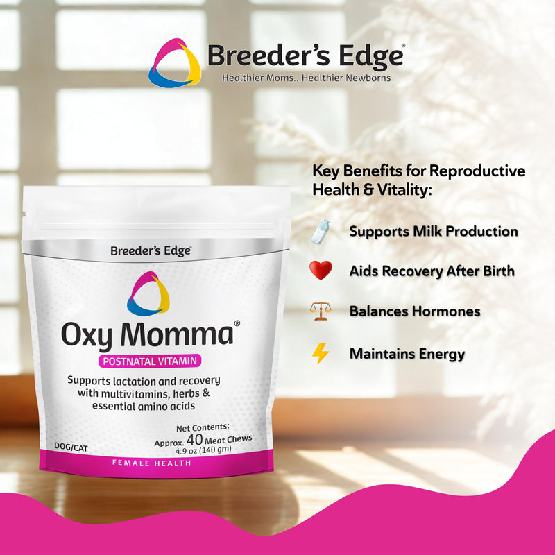 Breeder's Edge Oxy Momma Meat Chews, Postnatal Vitamin Supplement for Lactating Dogs & Cats, Provides Essential Nutrients & Herbs to Support Milk Production and Aid Mother's Recovery After Birth, 40ct | Postnatal Vitamin Supplement with Essential Nutri...