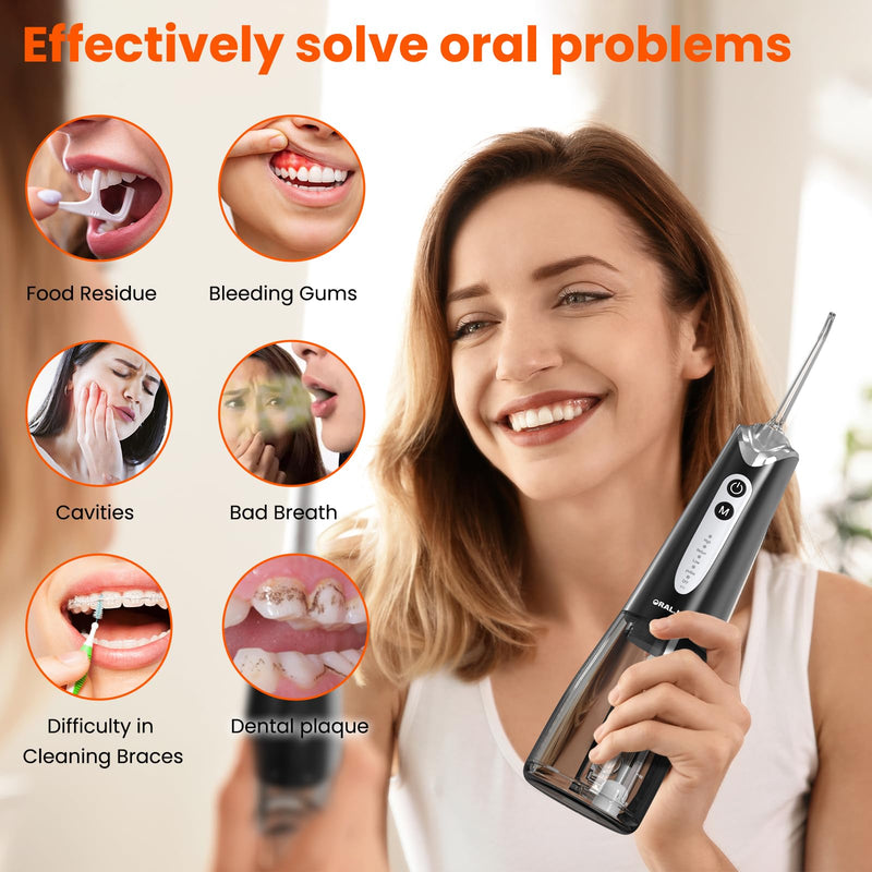 Water Dental Flosser Pick for Teeth: 300ML Portable Oral Irrigator, Rechargeable Travel Irrigation Cleaner Professional Electric Flossing Machine Power Flossers & Irrigator Accessories IPX7 Waterproof Black
