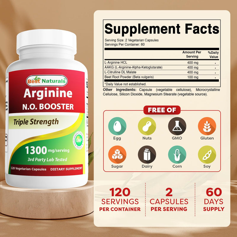 Best Naturals L-Arginine NO Booster Triple Strength 1300 mg Serving 120 Veg Capsules - Made with L-Arginine, AAKG, L-Citrulline, Beet Powder 120 Count (Pack of 1)