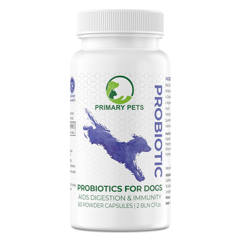 Primary Pets Premium Pet Supplies – Probiotics for Dogs with Prebiotics, 60 Powder Capsules, Supports Gut Health, Digestion and Immunity, Dog Probiotic Supplements for Gut Health 60 Capsules Round Bottle