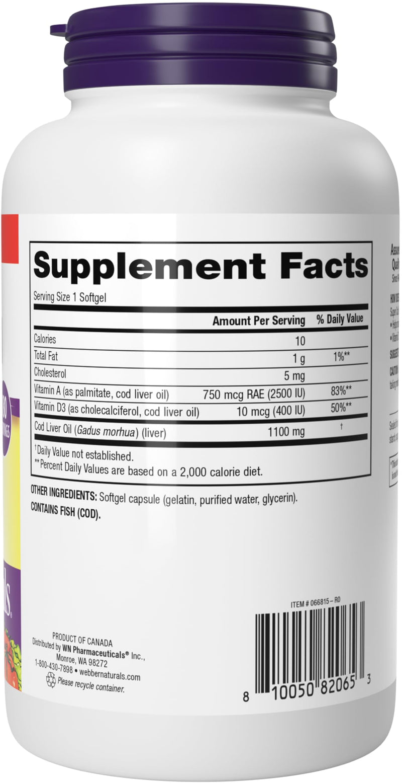 Webber Naturals Cod Liver Oil Softgels, Vitamins A & D, 1100 mg, 180 Count | High Potency, Value Size, Dairy/Gluten/Shellfish Free, Supports Immune Health, One Softgel Daily