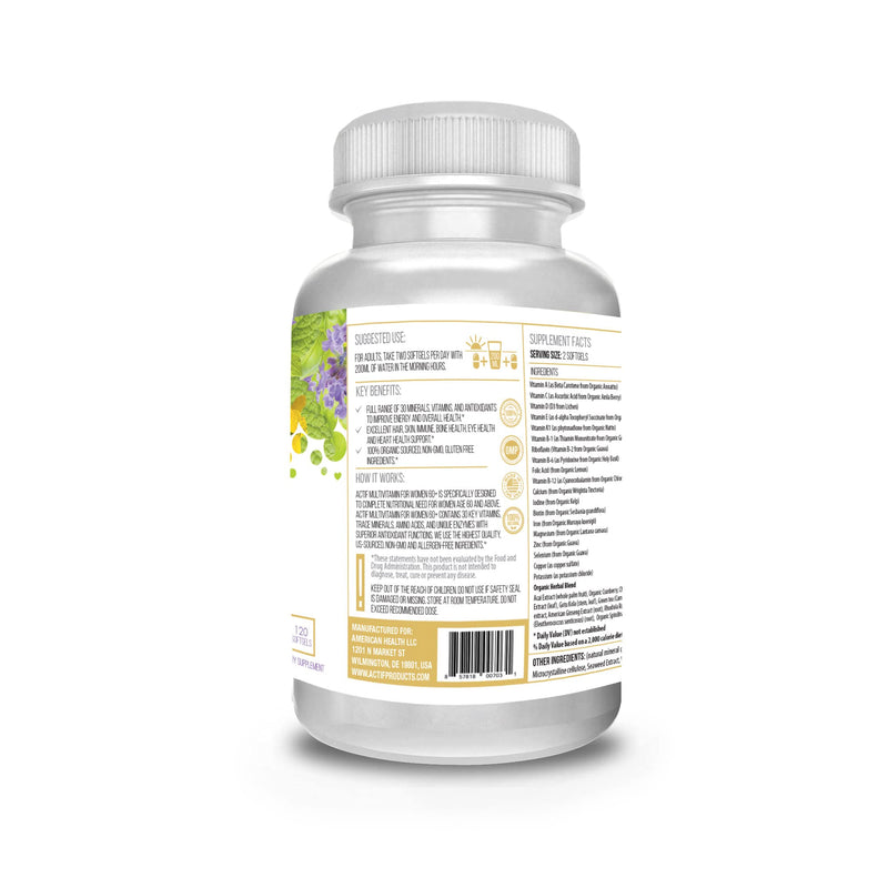 ACTIF Multivitamin for Women Age 60+ with 30 Organic Vitamins and Organic Herbs, Non-GMO, Made in USA, 2-Month Supply