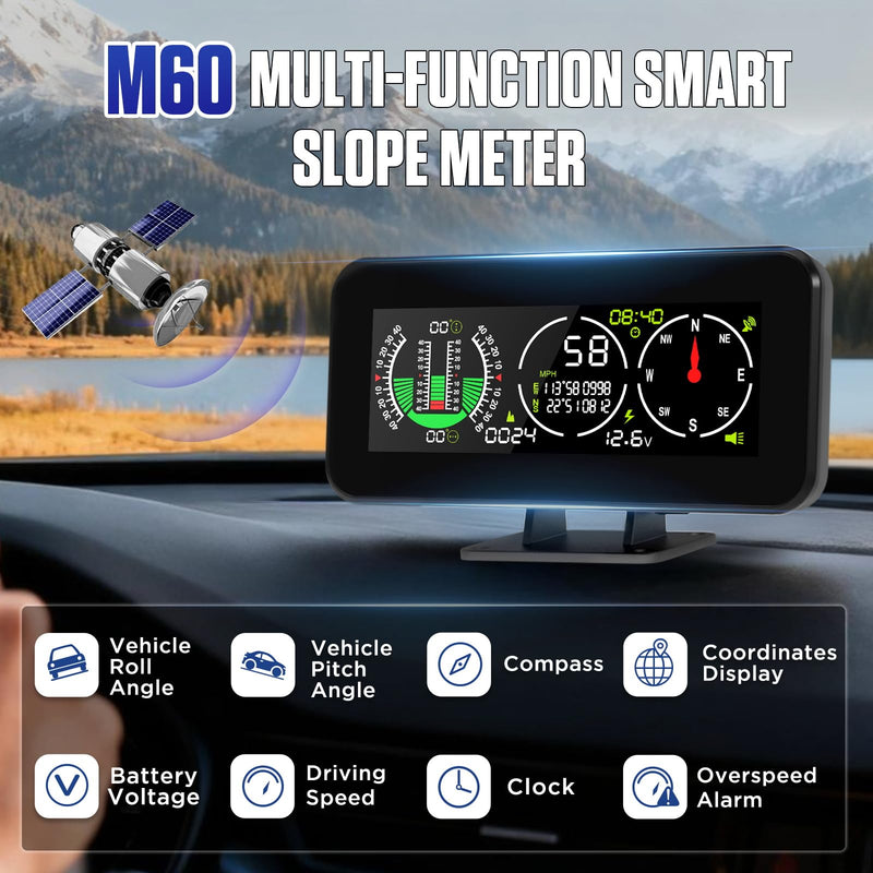 M60 Car Inclinometer for Off-Road SUV Vehicles, MPH KMH GPS Speedometer with Compass, Multifunctional Digital HUD Level Tilt Gauge Angle Slope Meter with Coordinate Display M60