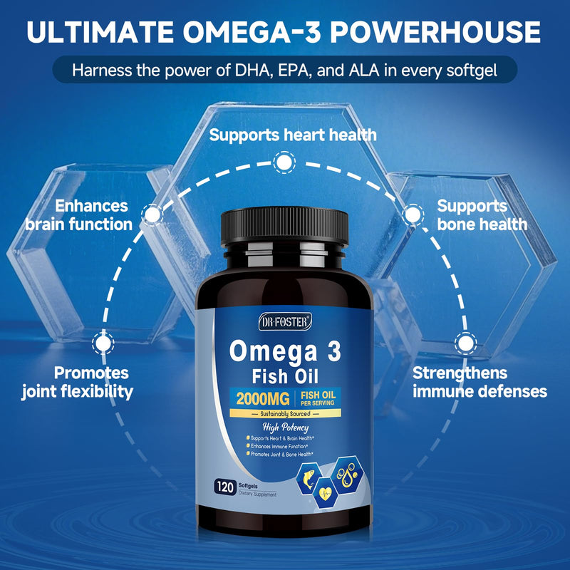 DRFOSTER Advanced Omega-3 Fish Oil 2000mg with DHA, EPA & ALA, 120 Softgels | High Potency DHA, EPA, and ALA with Vitamin D3 and E, Supports Heart, Brain, Joint, and Immune Health, Antioxidant 120 Count (Pack of 1)
