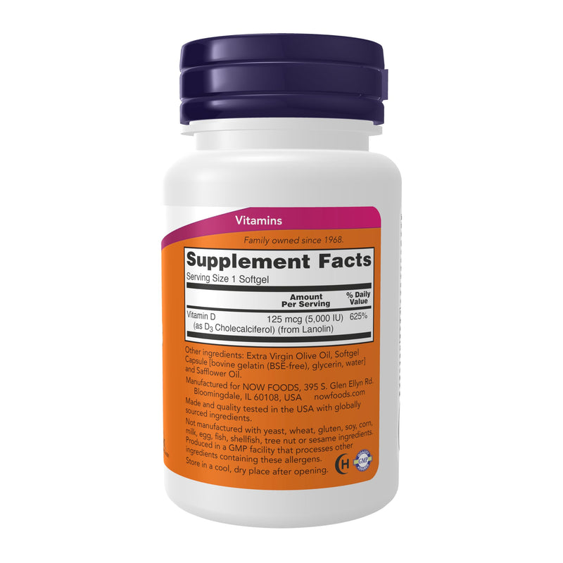 NOW Foods Supplements, Vitamin D-3 5,000 IU, High Potency, Structural Support*, 120 Softgels Vitamin D3 120 Count (Pack of 1)