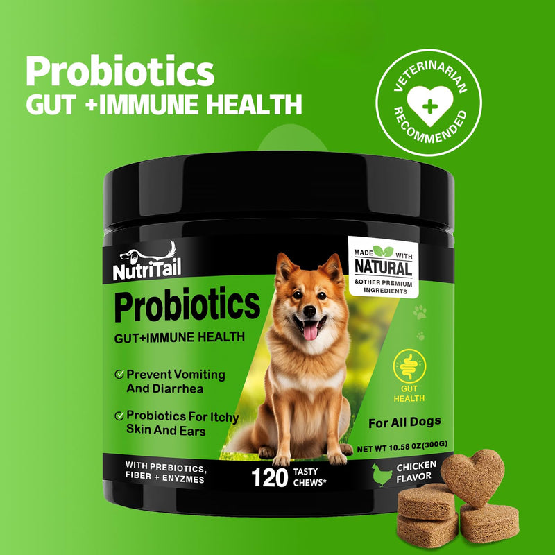 Probiotics for Dogs – Digestive & Immune Support Soft Chews with Prebiotics, Fiber & Enzymes – Relieves Diarrhea, Gas & Itchy Skin – Chicken Flavor Dog Supplement, 120 Chews