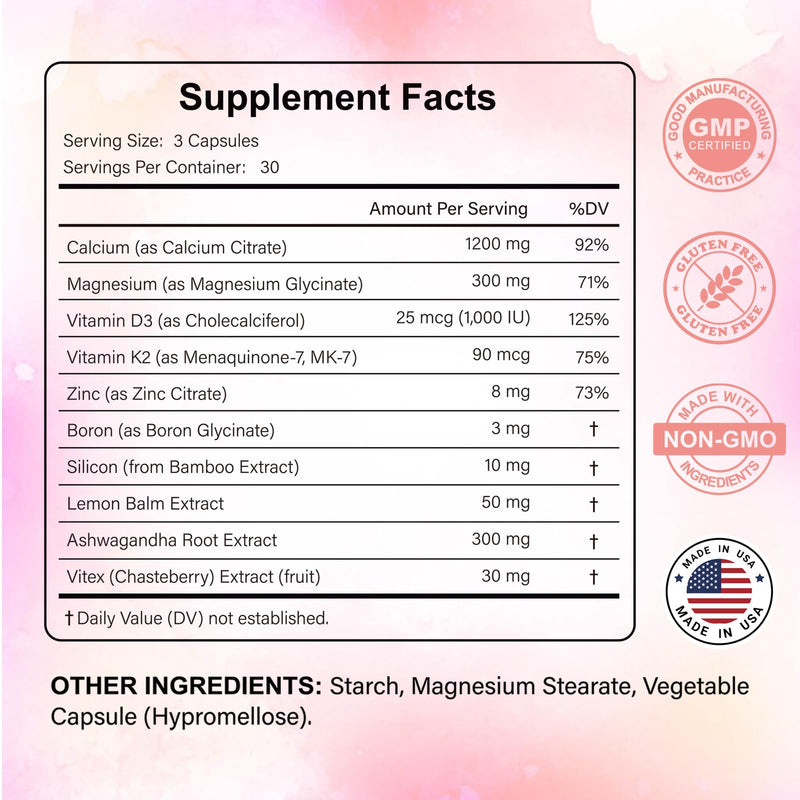 Women’s Calcium Supplement 1200mg, Calcium Complex, Bone & Mineral Support | 1200mg Calcium Citrate Per Serving, Magnesium Glycinate, Vitamin D3 & K2, Trace Mineral Blend for Women, 90 Vegan Capsules