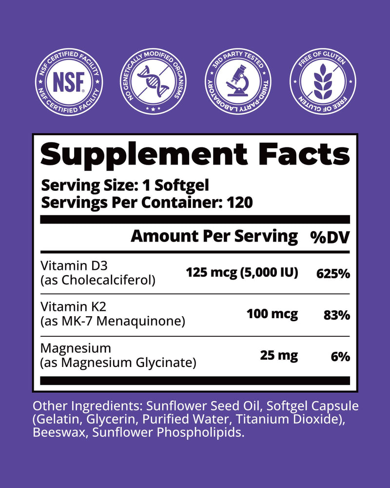 Vitamin D3 K2 5000 IU, Enhanced with Magnesium Glycinate | D3 and K2 Supplements for Bone, Heart & Immune Support - Non-GMO, Gluten Free, Soy Free Softgels, 120 Day Supply