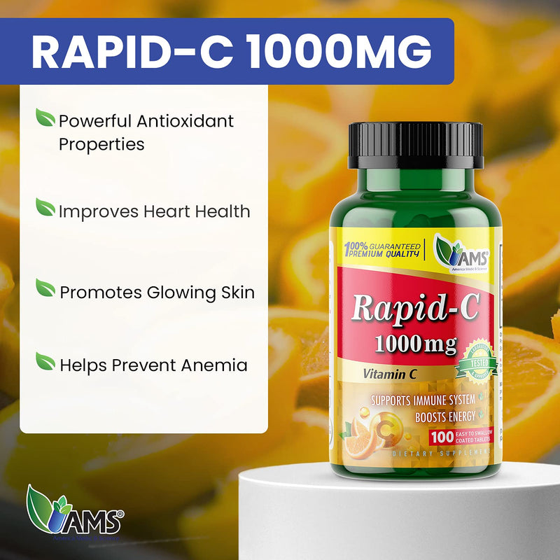 America Medic & Science Rapid-C 1000mg Vitamin C Supplement (2 Pack of 100 Tablets) Energy Booster, Daily Immune System Support, Antioxidant | Vegan, Non-GMO Coated Ascorbic Acid for Adult Men & Women 100 Count (Pack of 2)