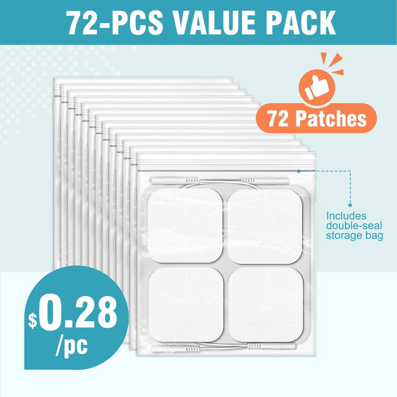 72-Pack TENS Unit Pads (2"x2"), Reusable Self-Adhesive Electrodes Pads with 0.2mm Connector, Latex-Free, Hypoallergenic & Compatible with TENS/EMS 72-Pack - BeesActive Australia