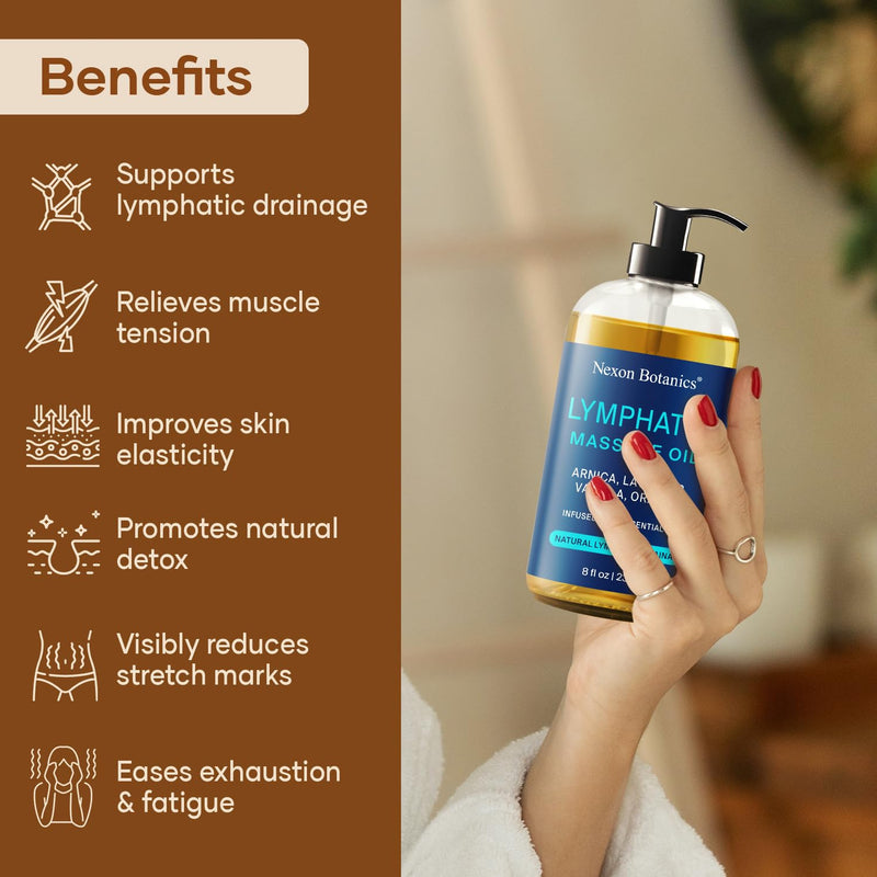 Lymphatic Drainage Massage Oil for Massage Therapy 8 fl oz - Refreshing and Relaxing - Natural Oils with Arnica, Vanilla and Lavender Oil - for Men and Women - Nexon Botanics Lymphatic 8 Fl Oz (Pack of 1)