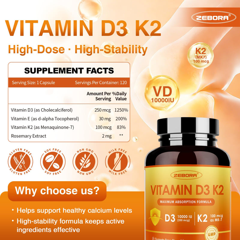 ZEBORA Vitamin D3 K2, 10,000 IU D3 & 100mg K2, 120 Capsules | K2 as MK-7, Supports Heart, Bone, and Immune Health and Antioxidant Defenses, Gluten Free and Non-GMO Formula 120 Count (Pack of 1)