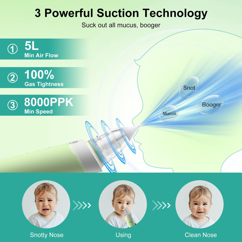 Electric Nasal Aspirator for Baby, Nose Sucker for Baby with IPX6 Waterproof, Self-Cleaning, Adjustable Nose Suction for Toddlers, Built-in Music & Light Soothing, Green - BeesActive Australia