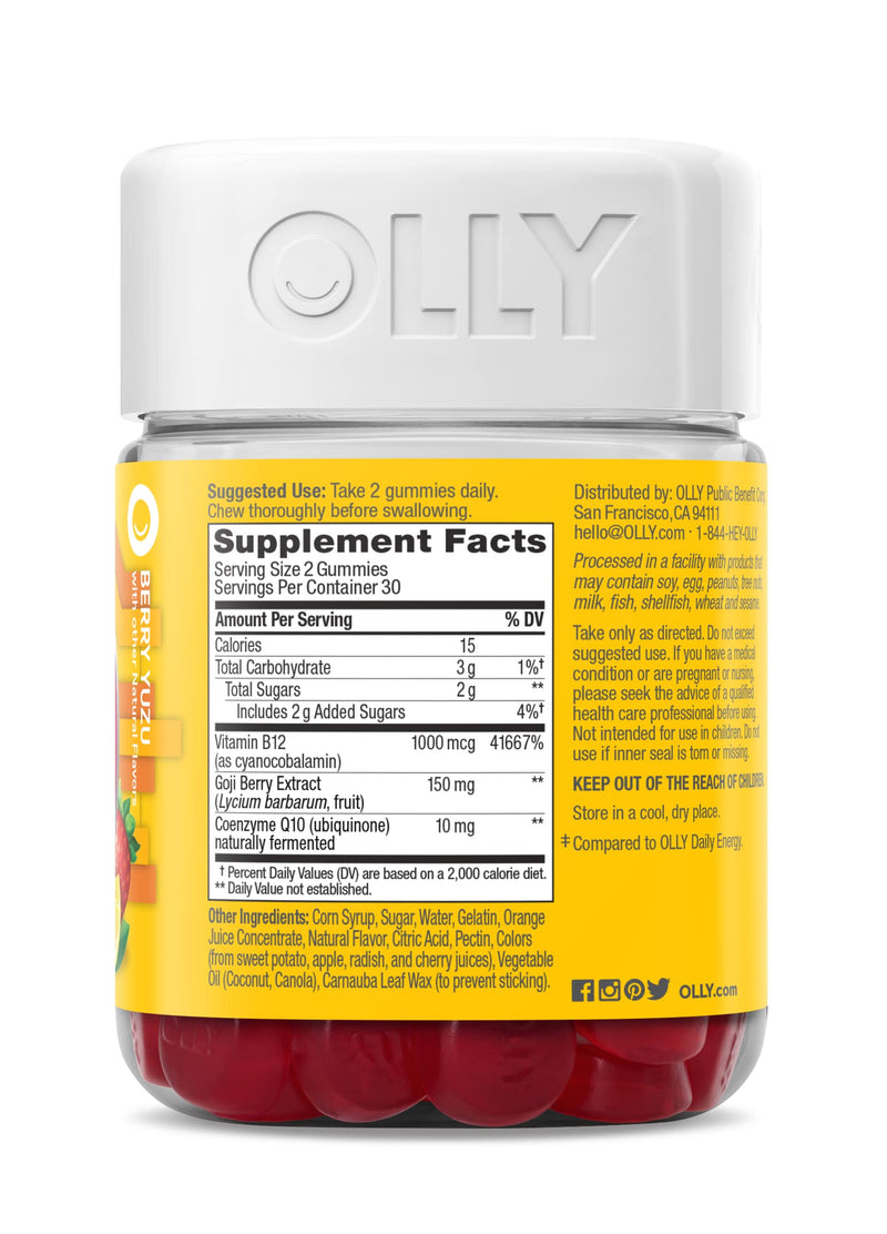 OLLY Extra Strength Daily Energy Gummy,Caffeine Free,1000mcg Vitamin B12,CoQ10,Goji Berry,Adult Chewable Supplement,Berry Yuzu Flavor -,60 Count (Pack of 2) 60 Count (Pack of 2)