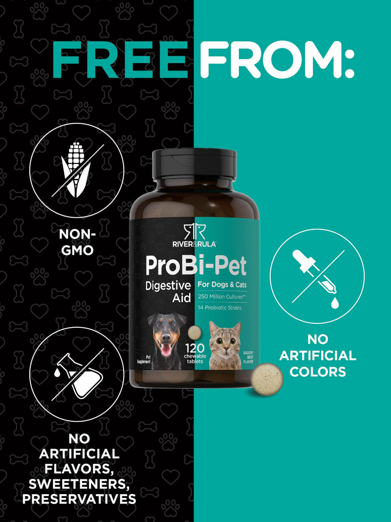 Horbäach Probiotics for Dogs & Cats | 120 Chewable Tablets | Digestive Aid | with 14 Probiotic Strains | Savory Beef Flavored Pet Supplement | by River & RULA 120 Count (Pack of 1) - PawsPlanet Australia